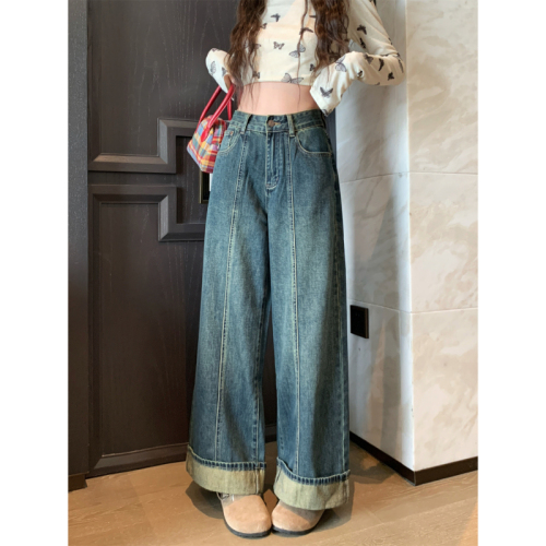 Large size clothing, cuffed design, spliced ​​nine-point jeans, lazy style, casual retro straight wide-leg pants