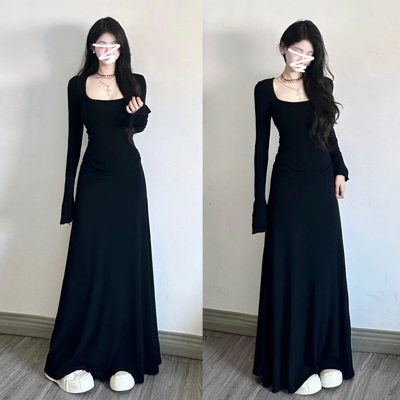 Ready stock pure lust style long-sleeved dress sweet hot girl square collar temperament tight hip-hugging bottoming long fishtail skirt