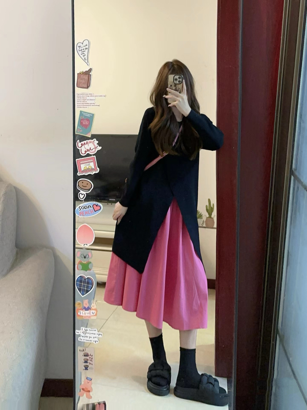 Korean style high-end lazy slit knitted jacket sweater autumn pleated pink skirt suit