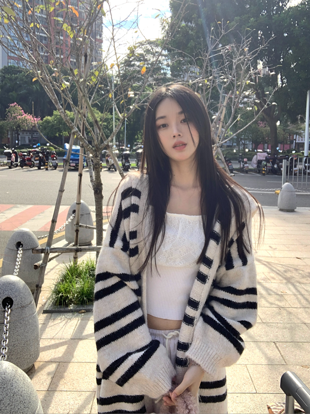 Photographed Stylish Long-Sleeve Striped Hooded Cardigan Sweater