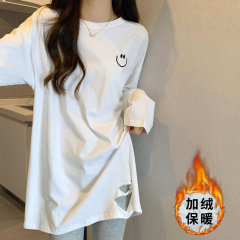 Autumn and winter velvet long-sleeved T-shirt for women, mid-length pure cotton inner with smiling face, stylish thickened layered T-shirt
