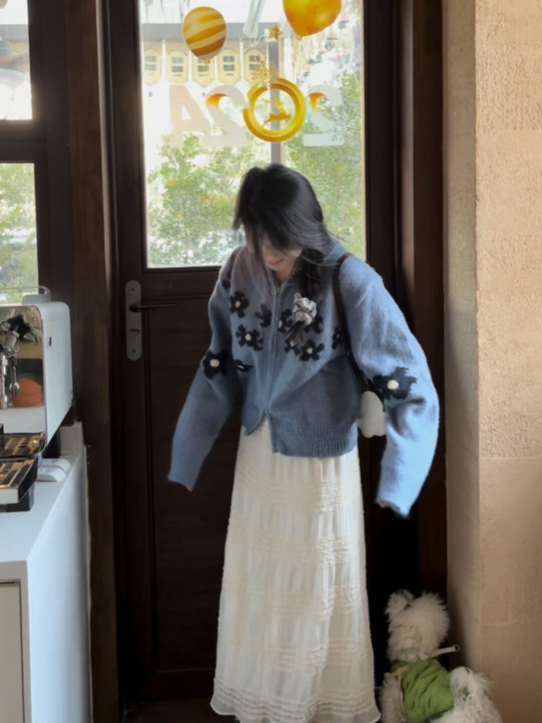 毛衣新款韓版設計感鈎花拉鏈復古百搭厚實天藍色小花翻領外套