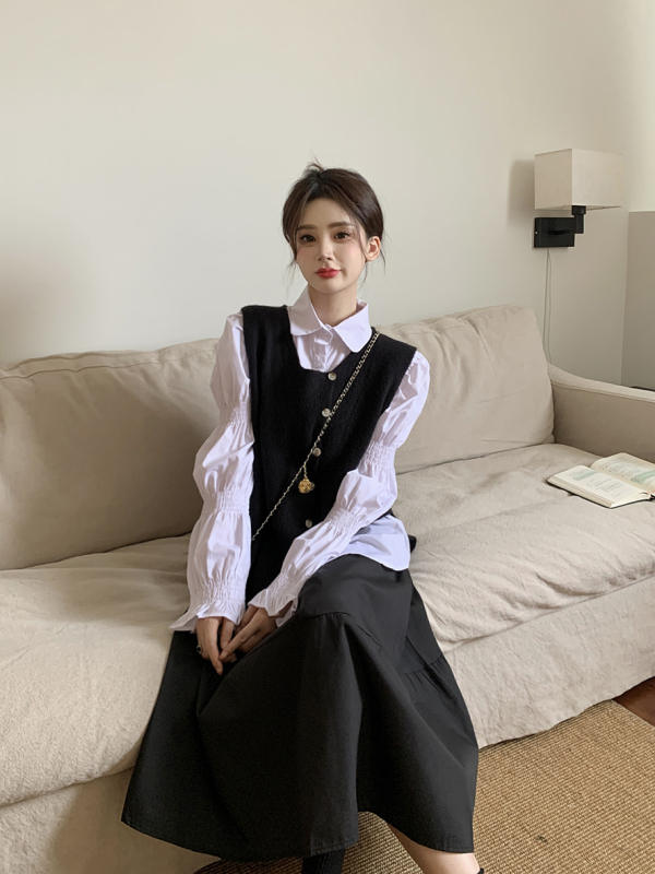 Designed puff-sleeved shirt + irregular knitted vest + high-waisted skirt three-piece set