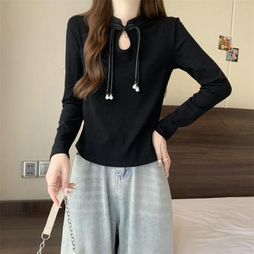 Large size 2024 new Chinese style design stand collar long-sleeved T-shirt solid color tops for women