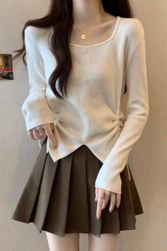 Large size belly-covering drawstring irregular long-sleeved bottoming women's spring and autumn fat mm slimming flesh-covering V-neck sweater