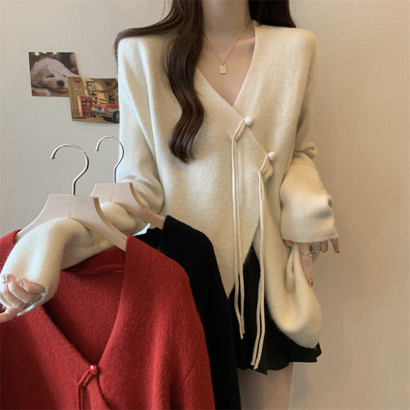 Large size side button V-neck knitted cardigan women's new loose Korean style niche high-end sweater jacket
