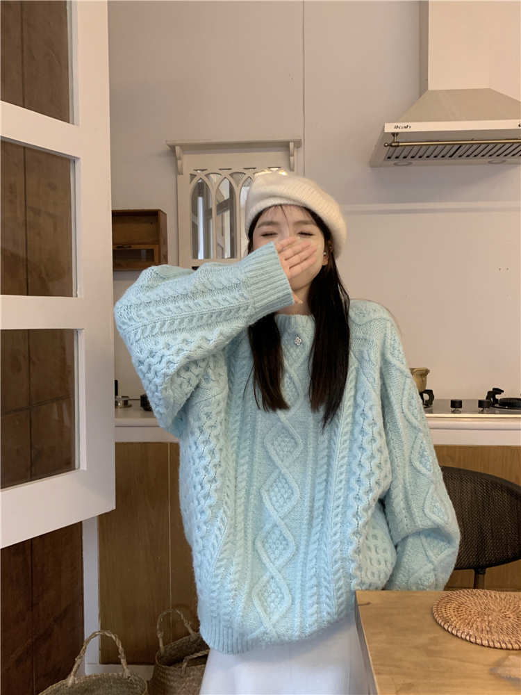 實拍~大碼女裝軟糯麻花毛衣秋冬寬鬆慵懶風圓領針織套頭上衣
