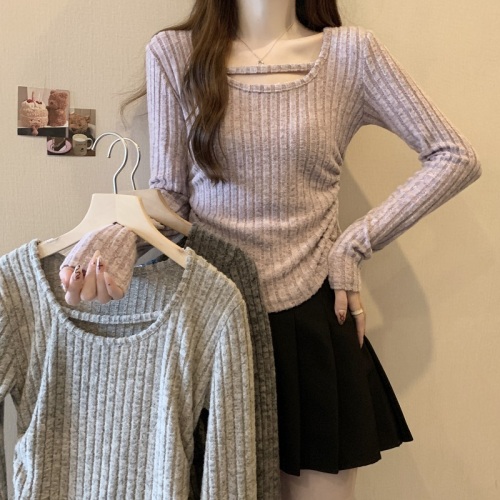 Large size autumn and winter flannel knitted inner layered shirt women's long-sleeved top with irregular hem