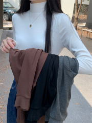 Real shot, real autumn and winter half turtleneck bottoming shirt with top, slim solid color long-sleeved T-shirt for women