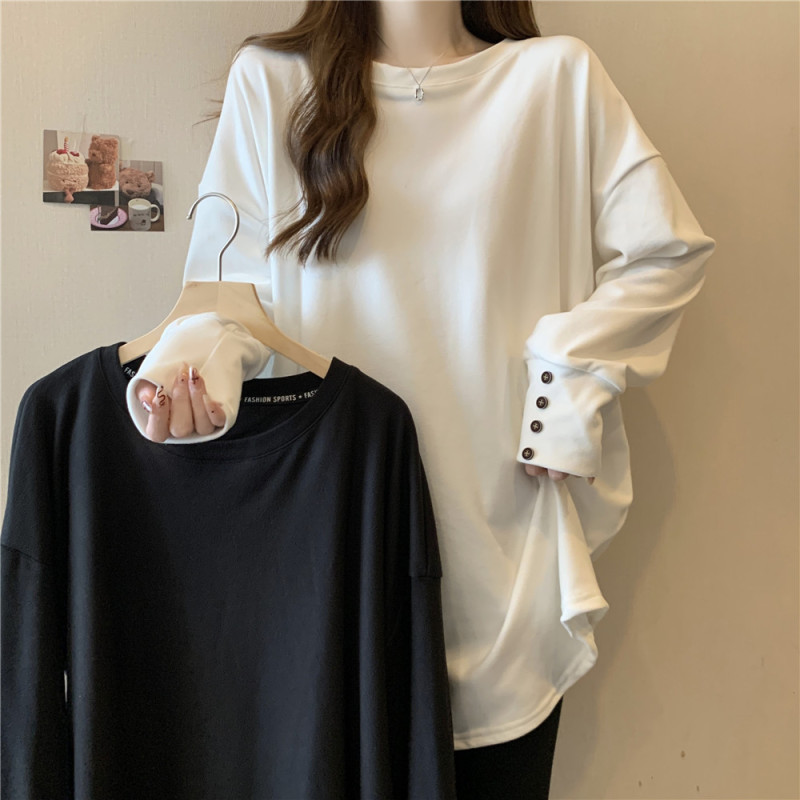 Large size winter velvet bottoming shirt for women, mid-length, loose, belly-covering, slimming, thickened brushed long-sleeved T-shirt top