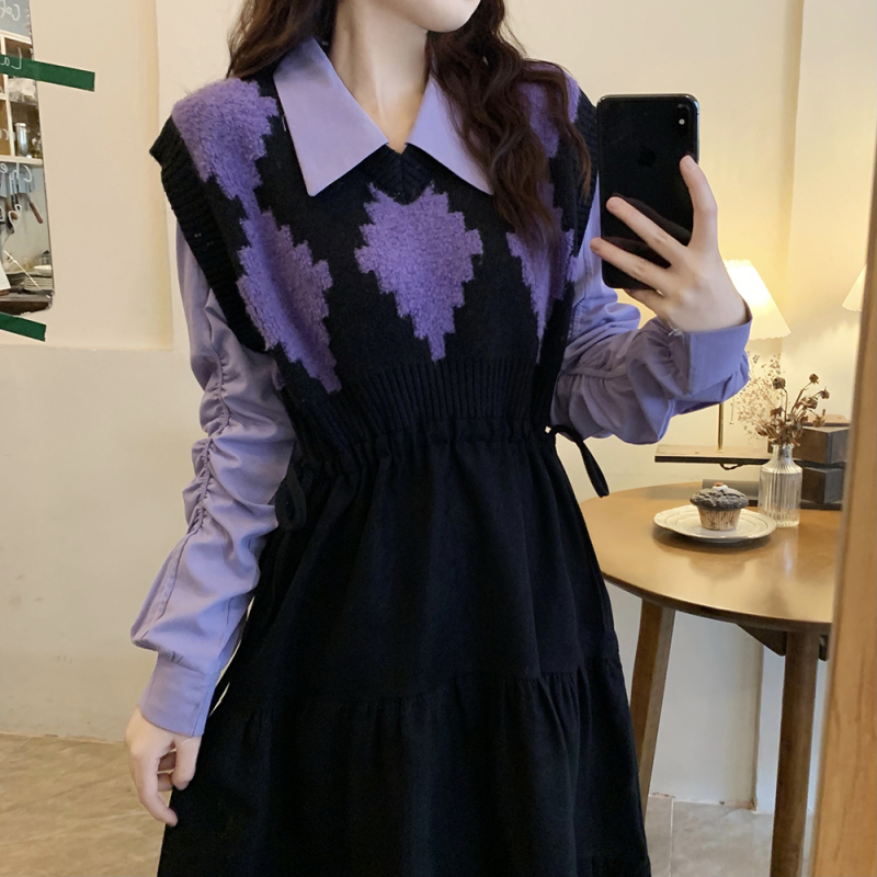 Plus size women's winter clothing new fat girl slim woolen splicing long dress