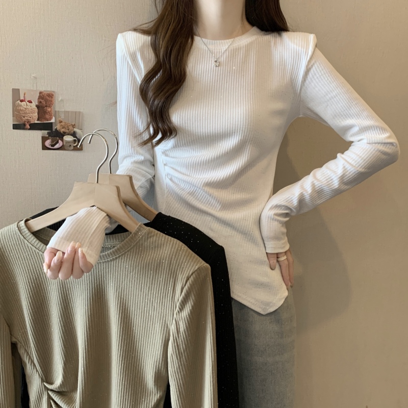 Plus size fat mm slimming cover belly right shoulder irregular pleated sequin slit long sleeve bottoming T-shirt