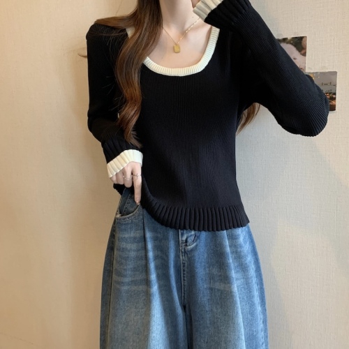Large size French square collar black sweater long-sleeved women's 2024 slightly fat mm slim inner top
