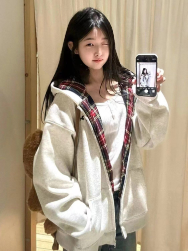 Early Autumn New Checkered Patchwork Hooded Sweatshirt Outerwear for Women, Sluggish Style Oversize Loose Matchy Top