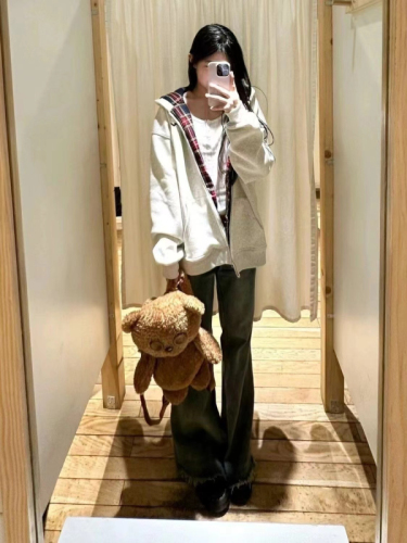 Early Autumn New Checkered Patchwork Hooded Sweatshirt Outerwear for Women, Sluggish Style Oversize Loose Matchy Top