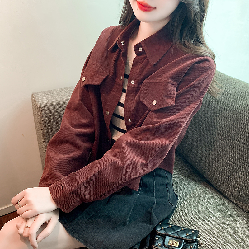 New fall style layered two-piece tops for women, striped knitted vest + retro short corduroy shirt jacket