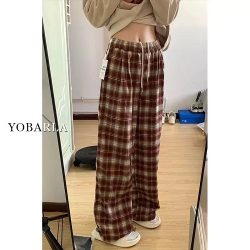 Original woven plaid straight casual pants for women high waist spring and autumn new large size fat mm slimming pear wide leg pants