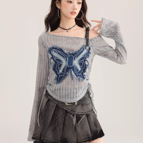 2024 new autumn style women's niche splicing denim bow short slimming off-shoulder drawstring long-sleeved T-shirt top