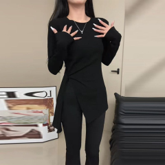 Korean chic autumn new fashion versatile long-sleeved T-shirt for women slimming slit straps inner slim fit trendy top