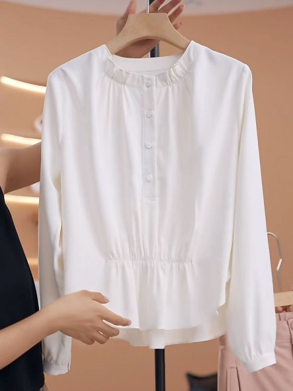 Korean version versatile solid color simple slim single-row long-sleeved shirt for women early autumn new fashionable temperament top