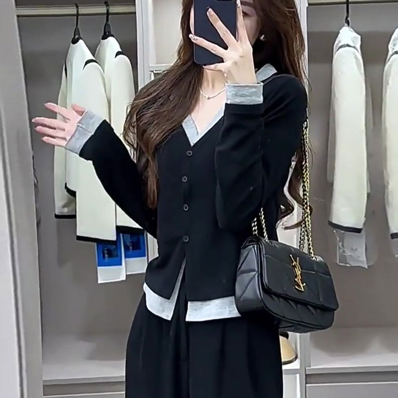 Large size French fake two-piece v-neck long-sleeved knitted cardigan for women 2024 new slim fit short top