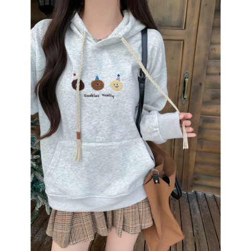 Real shot Chinese cotton composite gray embroidered velvet thickened hooded sweatshirt for women with drawstring