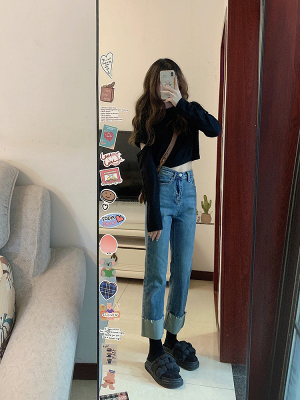 Retro dark blue high-waisted straight jeans for women in spring and autumn, small slim cigarette pants, curled nine-point pants