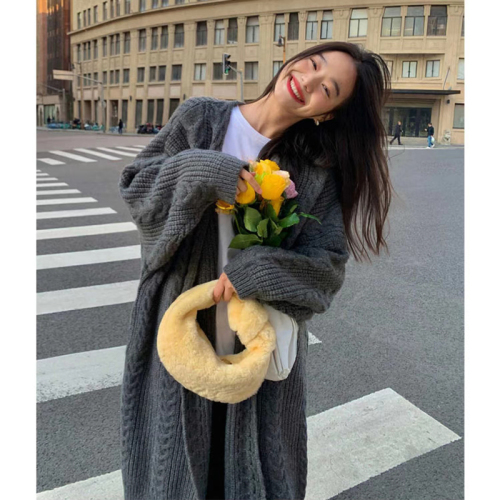 Solid color mid-length twist sweater jacket for women in autumn and winter new Korean style loose lazy style thickened knitted cardigan