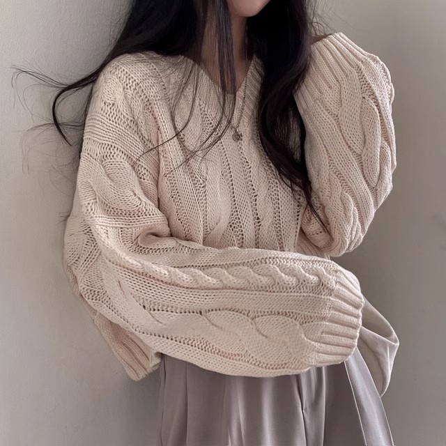 South Korean chic autumn-winter retro linen pattern short sleeve knitted sweater for women, loose and lazy casual long sleeve turtleneck sweater