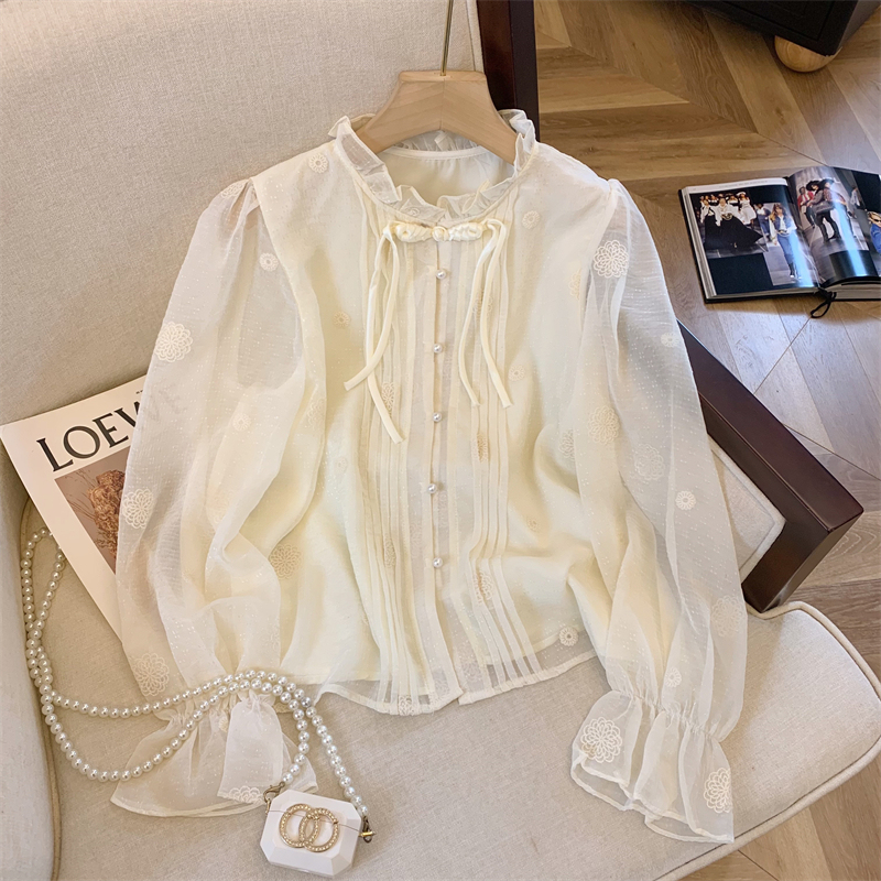 French high-end ruffled chiffon top for women 2024 new style new Chinese style plate button long-sleeved shirt