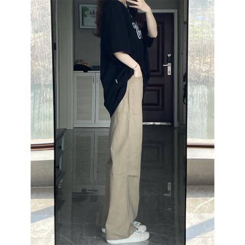 Khaki straight jeans for women spring new fat mm plus size women's pants loose slimming high waist wide leg pants