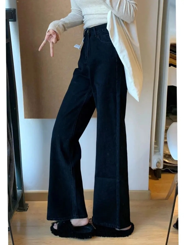 Large size black high-waisted wide-leg jeans for women in autumn new loose straight pants floor-length pants trendy