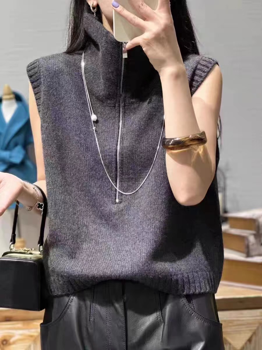Xiaohe's same style wool vest autumn and winter new half-zip double-layer collar design waistcoat vest lapel sleeveless sweater for women