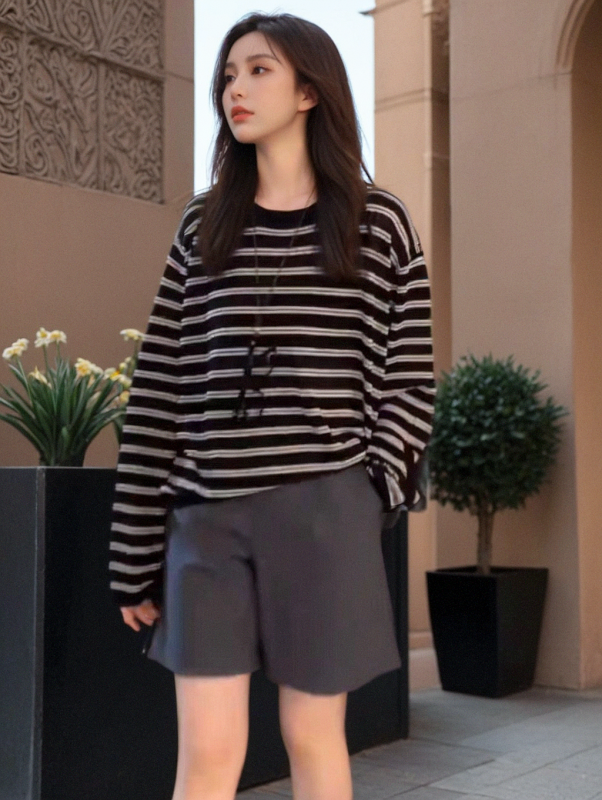Large size European fashion striped long-sleeved knitted T-shirt top chic early autumn loose and versatile age-reducing shirt