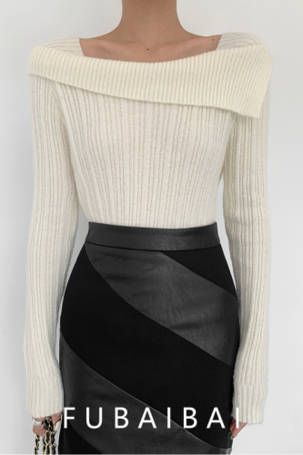 One-shoulder sweater in autumn and winter lazy style loose retro high-end feel outside wear bottoming off-shoulder square collar knit top for women