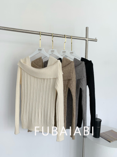 One-shoulder sweater in autumn and winter lazy style loose retro high-end feel outside wear bottoming off-shoulder square collar knit top for women