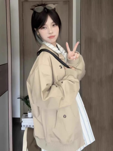 Early autumn jacket women's spring and autumn new Korean style small American workwear stand collar khaki baseball uniform top