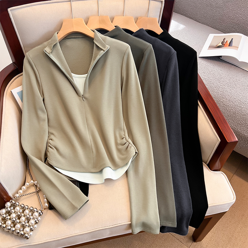 Brushed contrast color fake two-piece stand-up collar zipper long-sleeved bottoming autumn and winter new pure desire slim fit top