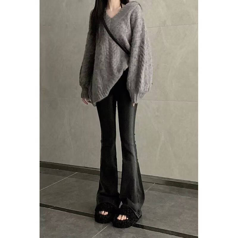 Women's spring and autumn new style high-waisted narrow-edition floor-length slim flared jeans with side gradients