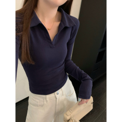 Real shot of autumn and winter Korean style polo raglan, slim, simple and versatile pure cotton long-sleeved inner T-shirt top