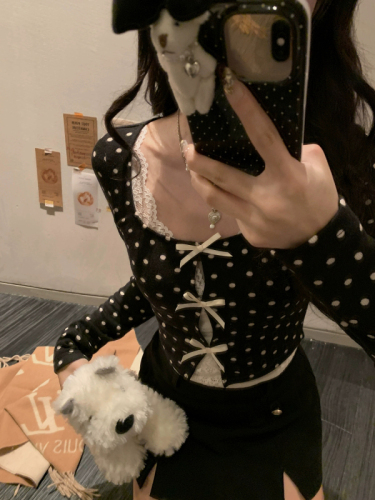 Black Polka Dot Hollow Long Sleeve T-Shirt Women's Autumn Short Bottoming Top