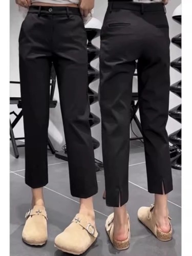 FYQ-Summer thin slit suit casual pants for women with pear-shaped body, high waist, slim straight nine-point pants