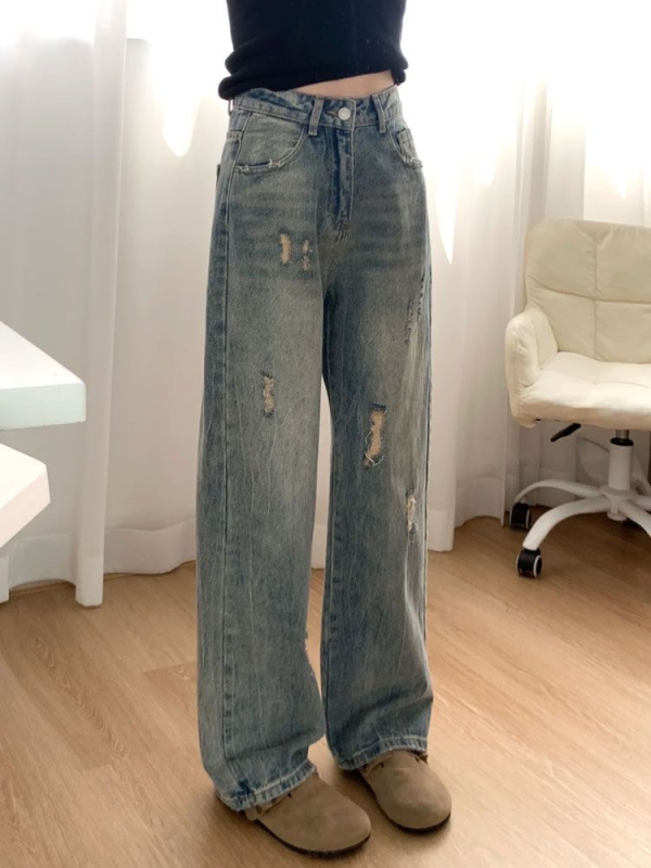 Ready stock~~American retro ripped jeans, new high-waisted, loose, slim design, narrow straight-leg wide-leg pants