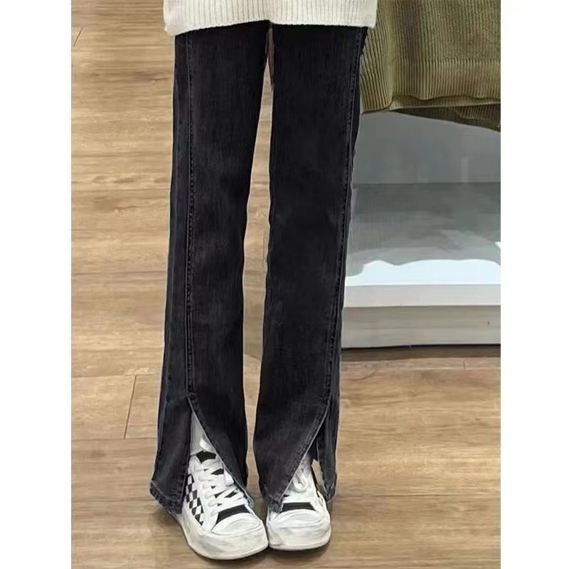 Black and gray slit jeans for women in spring and autumn, high-waisted narrow straight-leg pants for small people, wide-leg pants for slimming cigarette pants