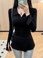 Korean chic autumn hot girl trumpet sleeves right shoulder women's T-shirt new women's slim fit bottoming top