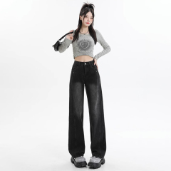 Personalized Harajuku style wide-leg jeans for women in spring and autumn new straight-leg slimming high-waisted floor-length jeans