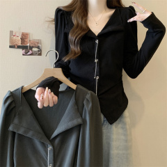 Plus size women's new style fat MM slimming design V-neck chain buckle long-sleeved T-shirt women's all-match tops