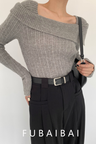 One-shoulder sweater in autumn and winter lazy style loose retro high-end feel outside wear bottoming off-shoulder square collar knit top for women