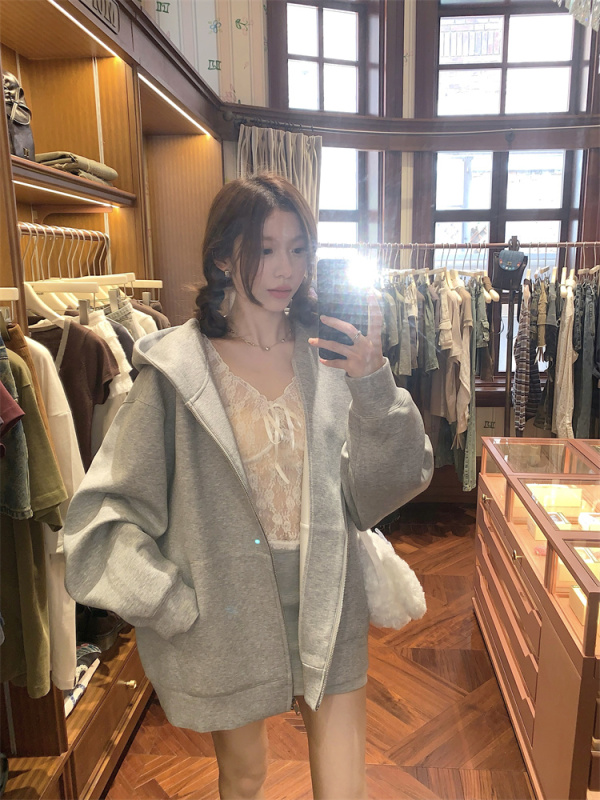 Lace v-neck long-sleeved T-shirt bottoming shirt zipper hooded sweatshirt cardigan + skirt for women