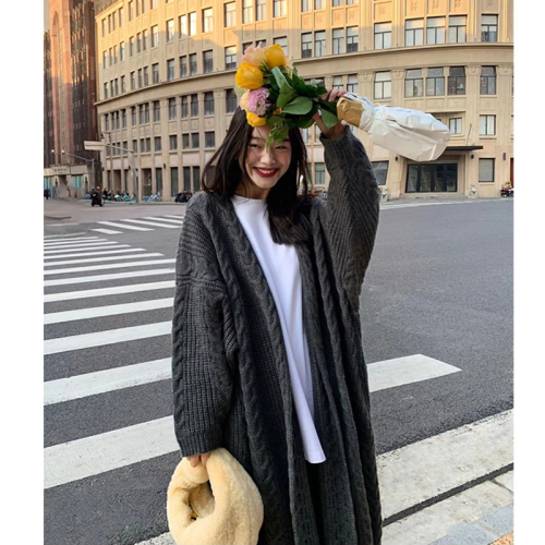 Solid color mid-length twist sweater jacket for women in autumn and winter new Korean style loose lazy style thickened knitted cardigan